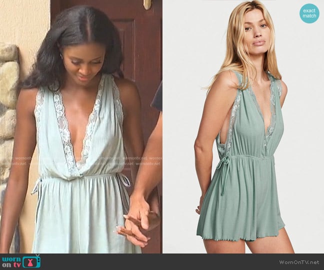 Victoria's Secret Ribbed Lace-Trim Romper worn by Charity Lawson on The Bachelorette