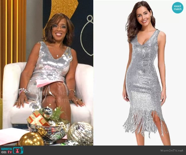 VVMCURVE V Neck Sequin Glitter Dress worn by Gayle King on CBS Mornings