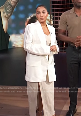 Adrienne’s beige ruched dress on E! News