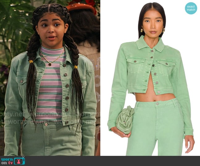 AFRM Magda Jean Jacket in Kelly Green worn by Millicent (Jaidyn Triplett) on iCarly