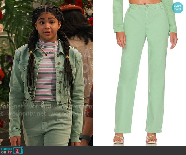 AFRM Fez Jean in Kelly Green worn by Millicent (Jaidyn Triplett) on iCarly