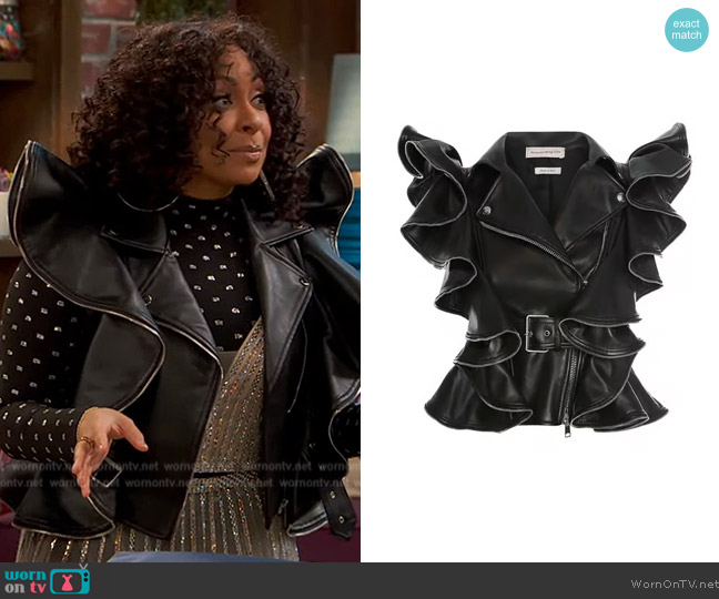 Alexander McQueen Belted ruffled leather jacket worn by Raven Baxter (Raven-Symoné) on Ravens Home