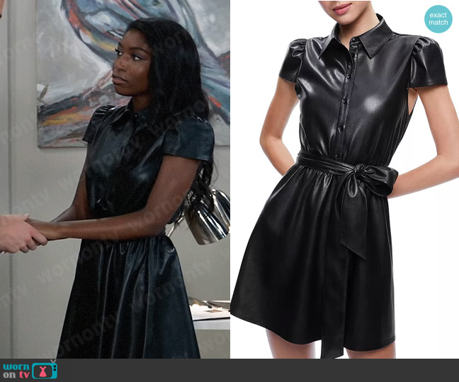 Alice + Olivia Carolyn Faux Leather Mini Shirt Dress worn by Trina Robinson (Tabyana Ali) on General Hospital