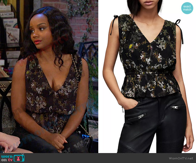 All Saints Maia Viola Plunge Neck Sleeveless Top worn by Chanel Dupree (Raven Bowens) on Days of our Lives