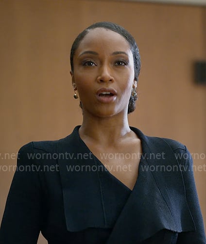 Andrea’s navy shawl collar dress on The Lincoln Lawyer