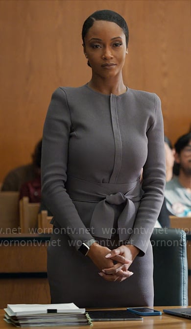 Andrea’s taupe tie waist suit on The Lincoln Lawyer