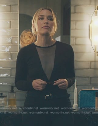 Andy’s black sheer plunging bodysuit on Billions