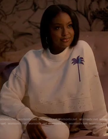 Annika’s white palm print cropped sweatshirt on Grown-ish