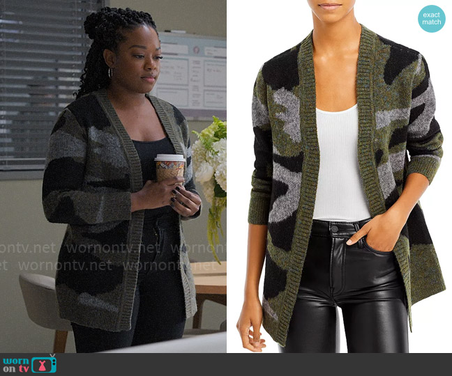 Aqua Camo Open Front Cardigan Sweater worn by Izzy Letts (Jazz Raycole) on The Lincoln Lawyer