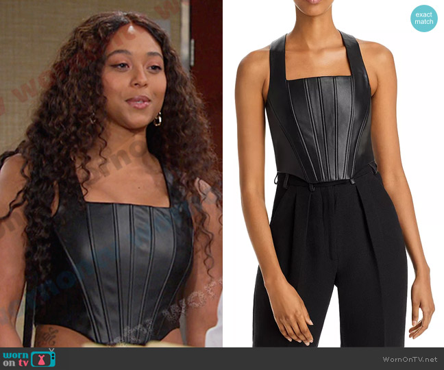 Aqua Farra Faux Leather Corset Top worn by Talia Hunter (Aketra Sevellian) on Days of our Lives