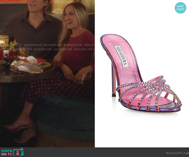 Aquazzura Flow Crystal-Embellished Leather Mules worn by Carrie Bradshaw (Sarah Jessica Parker) on And Just Like That