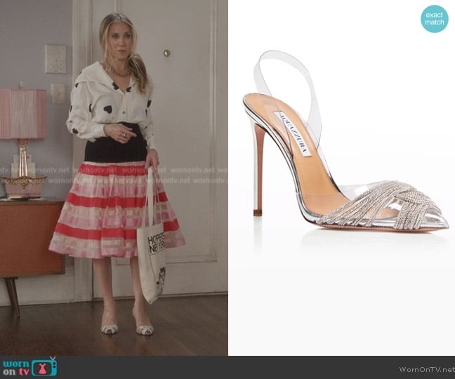 Aquazzura Gatsby Shimmery Halter Slingback Pumps worn by Carrie Bradshaw (Sarah Jessica Parker) on And Just Like That