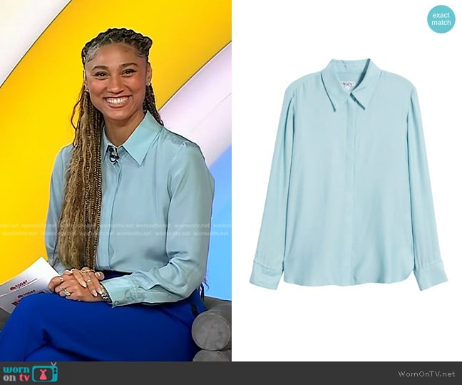 Argent Silk Charmeuse Blouse in Dusty Blue worn by Ally Love on Today