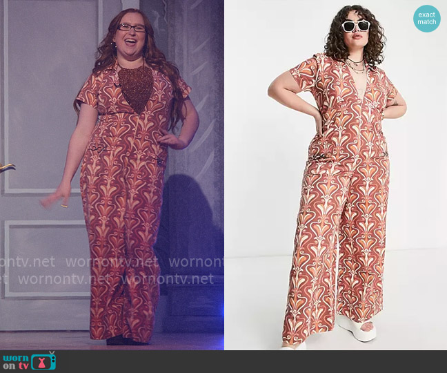 ASOS Design Twill collar jumpsuit with wide leg in retro swirl print worn by Ashlyn (Julia Lester) on High School Musical The Musical The Series