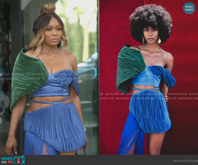 Atelier Ndigo Lulu sculptural draped stretch peau de soie corset top worn by Marlo Hampton on The Real Housewives of Atlanta