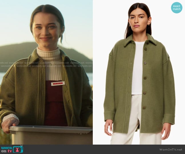 The Group by Babaton Pelli Shirt Jacket in Terre Green worn by Elizabeth Birdie Kohls (Alison Thornton) on Nancy Drew