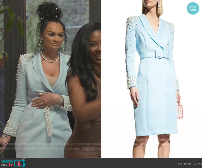 Badgley Mischka Pearl-Embellished Shawl-Collar Dress worn by Akilah Murib Coleman on The Real Housewives of Atlanta