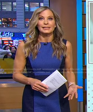 Becky Worley’s blue colorblock sheath dress on Good Morning America