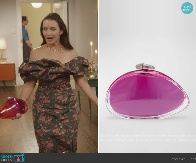 Benedetta Bruzziches Ariel Clear Silk Clutch Bag worn by Charlotte York (Kristin Davis) on And Just Like That