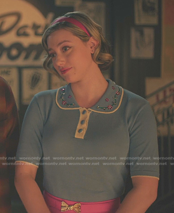 Betty’s blue contrast trim polo top on Riverdale