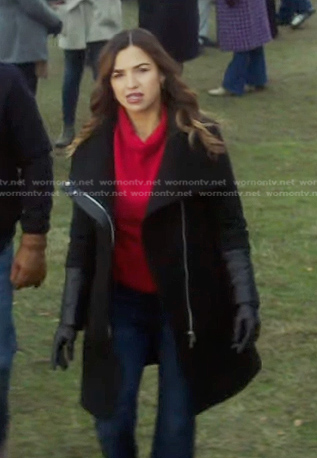 Red’sblack leather sleeve coat on Nancy Drew
