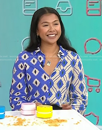 Katrina’s blue and white print shirt and necklace on Today