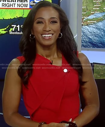 Brittany Bell’s red folded sleeveless dress on Good Morning America