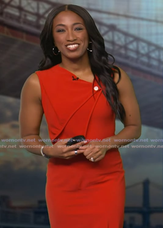Brittany Bell's red folded sleeveless dress on Good Morning America