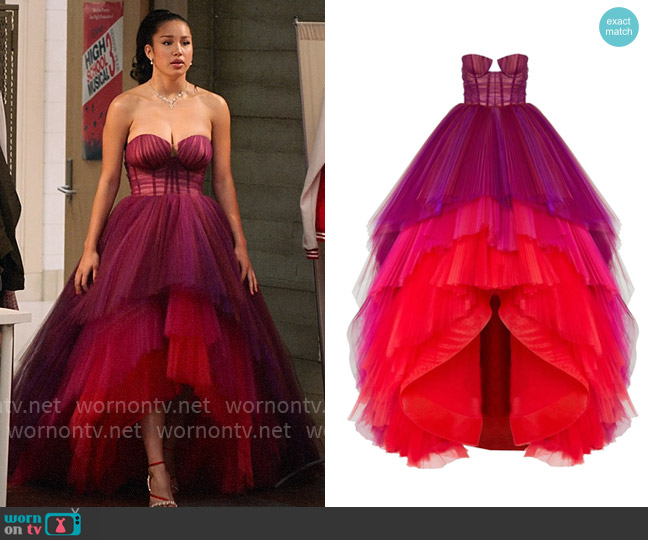 Carolina Herrera Strapless tiered tulle gown worn by Gina (Sofia Wylie) on High School Musical The Musical The Series