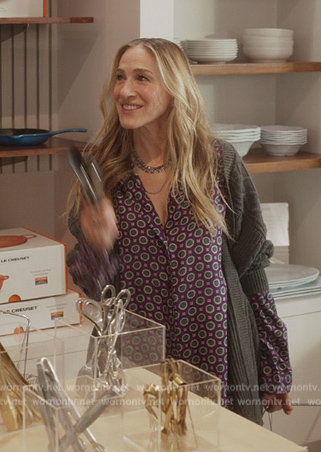 Carrie’s gray cable knit cardigan on And Just Like That