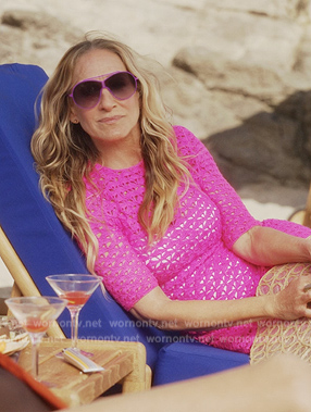 Carrie’s pink crochet knit dress on And Just Like That