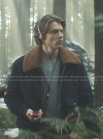 Ace’s navy shearling collar jacket on Nancy Drew