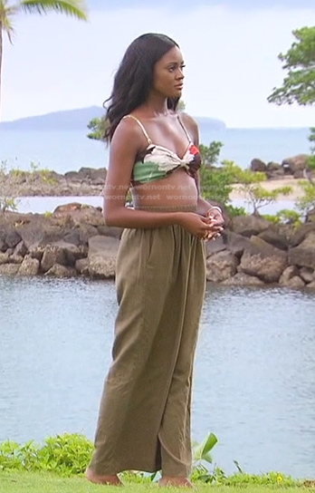 Charity’s floral bikini top and green pants on The Bachelorette