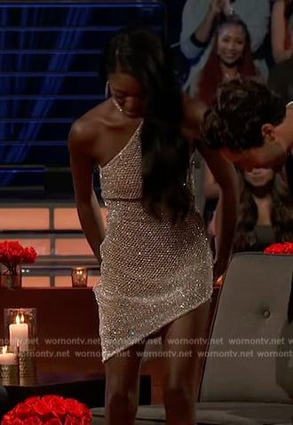 Charity’s metallic one shoulder mini dress and sandals on The Bachelorette