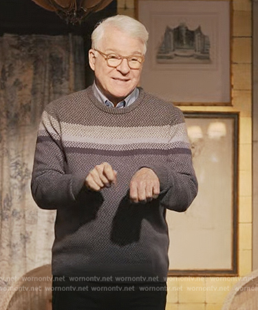 Charles’s blue stripe herringbone sweater on Only Murders in the Building