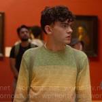 Charlie’s ombre sweater, green backpack, and yellow sneakers on Heartstopper