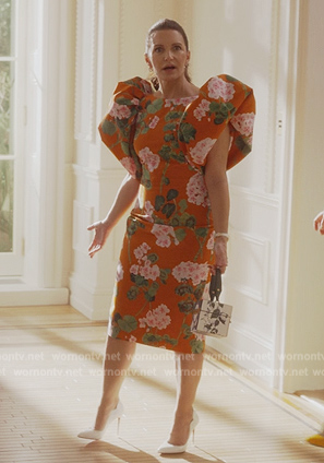 Charlotte’s red floral print ruffle shoulder dress on And Just Like That