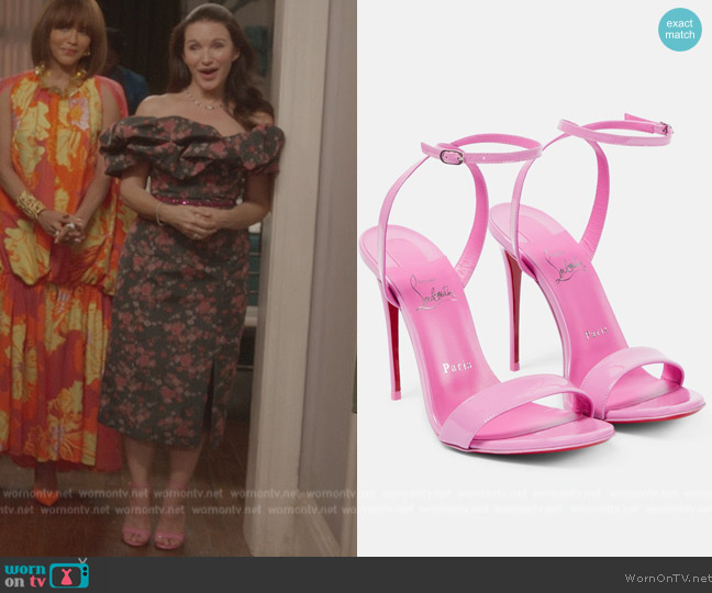 Christian Louboutin Loubigirl patent leather sandals worn by Charlotte York (Kristin Davis) on And Just Like That
