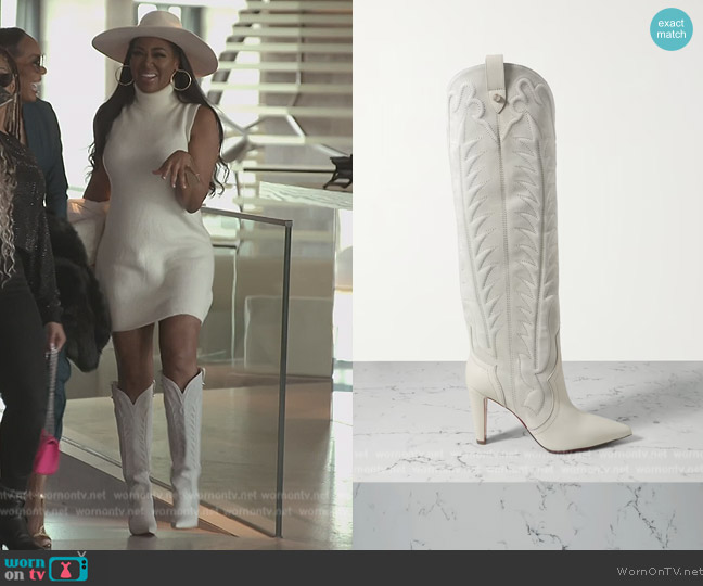 Christian Louboutin Santia Botta 85 embroidered suede and leather knee boots worn by Kenya Moore on The Real Housewives of Atlanta