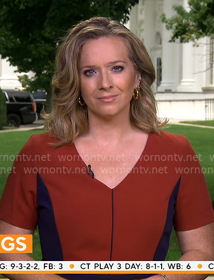 Christina Ruffini’s brick red v-neck dress on CBS Mornings