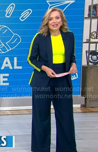 Christina Ruffini’s navy suit with neon trims on CBS Mornings