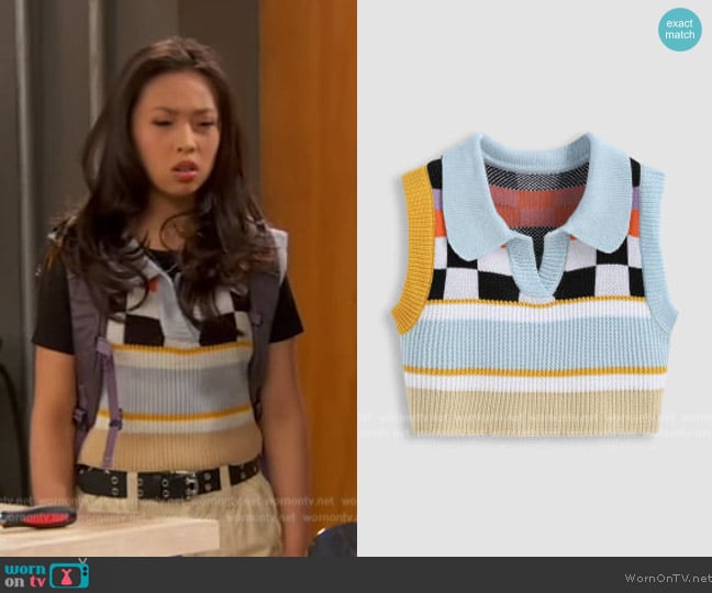 Cider Polo Geometric Crop Knitted Vest worn by Ivy (Emmy Liu-Wang) on Ravens Home