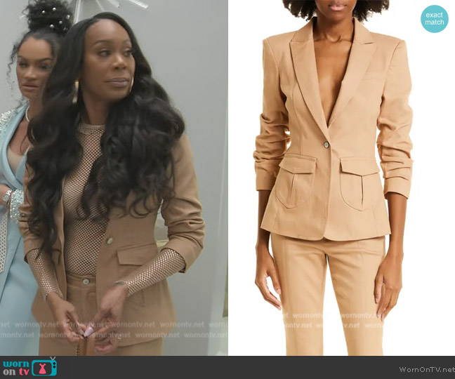 Cinq a Sept Louisa Ruched Sleeve Blazer worn by Sanya Richards-Ross on The Real Housewives of Atlanta