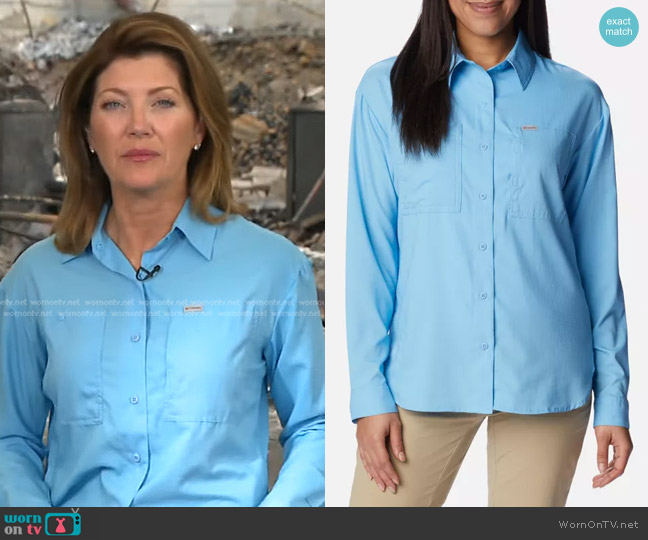 Columbia Silver Ridge Utility Long Sleeve Shirt in Vista Blue worn by Norah O'Donnell on CBS Evening News