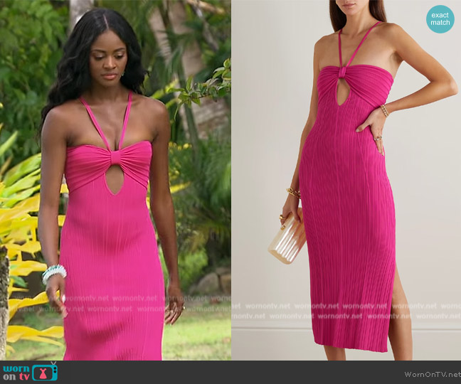 Cult Gaia Elfreda cutout ribbed-knit halterneck midi dress worn by Charity Lawson on The Bachelorette
