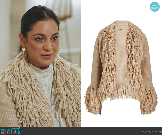Cult Gaia Fauna Fringed Rib Knit Cardigan worn by Jessel Taank on The Real Housewives of New York City