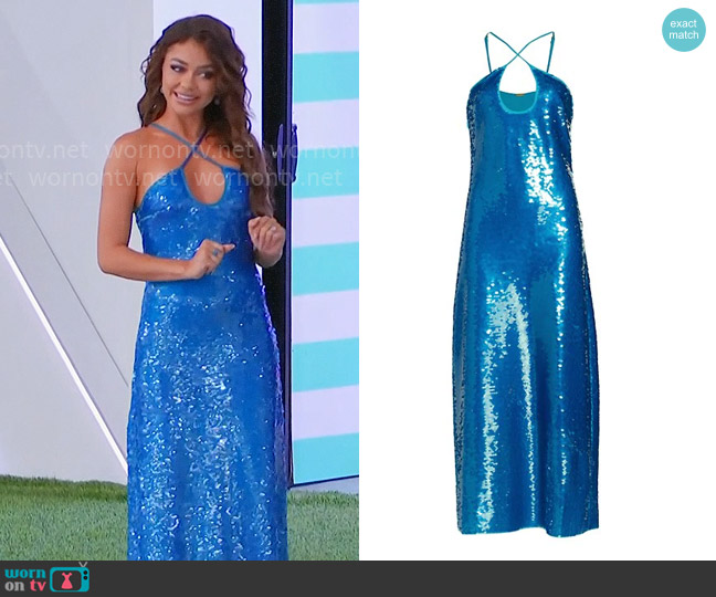 Cult Gaia Lily Sequin Halter Dress in Nile worn by Sarah Hyland on Love Island USA