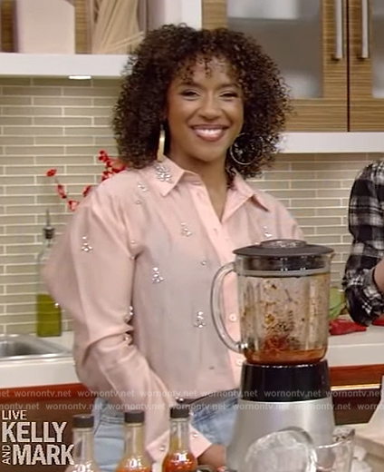 Danya Isom’s pink embellished blouse on Live with Kelly and Mark