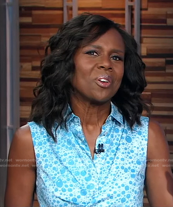 Deborah’s blue bubble print sleeveless dress on Good Morning America