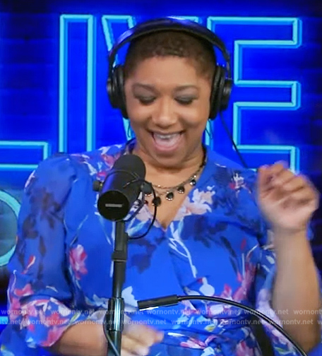 Deja Vu’s blue floral print wrap dress on Live with Kelly and Mark